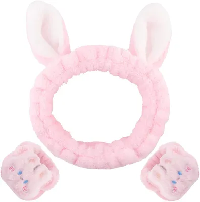 Produktbild von Skincare Haarband mit Cuffs, Set von 3, Rosa Bunny, für Make-up, Spa, Yoga