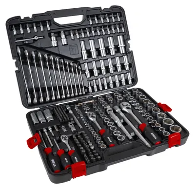 Produktbild von STIER Steckschlüssel Satz 216-teilig, 1/4 Zoll 3/8 Zoll 1/2 Zoll, Umschaltknarre, Sechskant-Steckschlüsseleinsatz, Torx- Schlitz- Phillips- Pozidrive- Bit-Steckschlüsseleinsätze