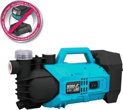 A blue and black battery-powered water pump is shown against a white background. A circular overlay indicates that batteries and chargers are not included.