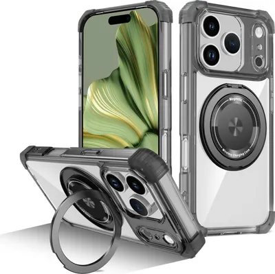 Image de Etui pour iPhone 17 Pro anneau magnétique, support, compatible MagSafe, protection militaire, étui transparent noir