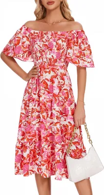 Imagen del producto de Vestido midi bohemio de verano, ligero, fluido, con estampado floral, color rojo, talla 3XL