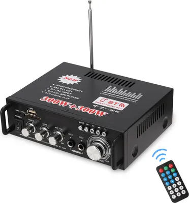 Obrázek produktu pro 12 V / 220 V mini 2kanálový HIFI audio stereofonní výkonový zesilovač s LCD displejem, BT a FM rádiem, přenosný pro auto i domácnost, 600 W, s dálkovým ovládáním