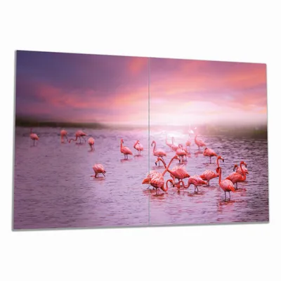 Produktbild von Wallario Herdabdeckplatte aus Glas, Größe 80 x 52 cm 2-teilig, Motiv Rosa Flamingos bei Sonnenuntergang