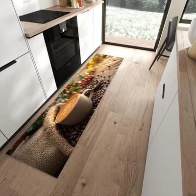 Produktbild von Küchenteppich 60x240cm rutschfest & abwischbar PVC Läufer - Kaffeeerntemorgen
