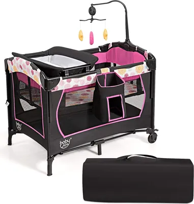 Produktbild von 4 in 1 Kinderreisebett, höhenverstellbares Babybett mit Wickeltisch, Aufbewahrungsbox & 3 Spielzeugen, klappbares Beistellbett & Laufstall mit Tragetasche