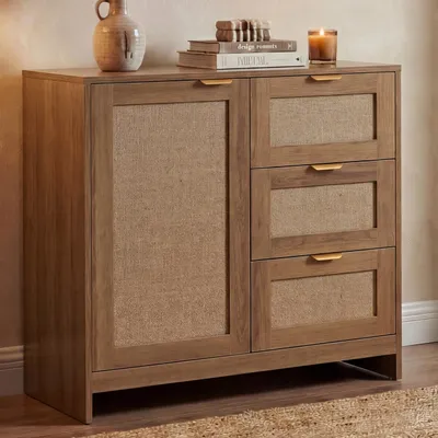 Produktbild von Kommode HWC-P50, Schrank Sideboard Highboard, Schubladen Staufach, MDF Melamin Leinenfront  braun