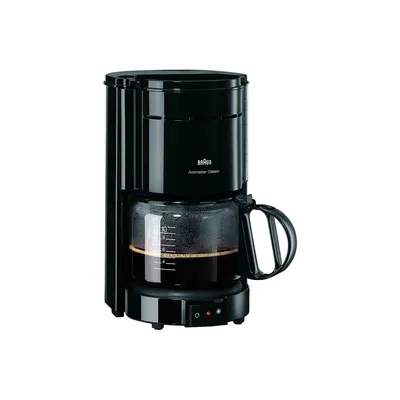 A black Braun coffee maker is shown against a white background.