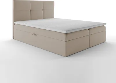 Image de TRADA Top Lit Boxspring 200x200 Lit adulte avec 2 matelas ressorts Bonnell H3 intégrés, rangement et surmatelas en velours Beige