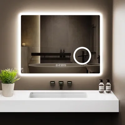 Produktbild von GIMBELEN LED Badezimmer Spiegel mit Uhr, 3 Lichtfarben, Dimmbar, 3-facher Vergrößerung, Anti-Beschlag, Speicherfunktion, IP44 wasserdicht, 80 x 60 cm