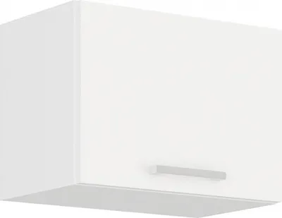 A white kitchen cabinet with a silver handle.