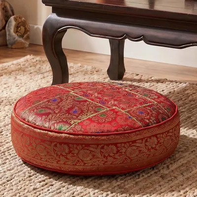 Produktbild von Orientalisches Rundes Patchwork Kissen 40 cm, Sitzkissen, Bodenkissen mit Baumwollfüllung - Rot, Viskose, Zierkissen, Dekokissen, Sofakissen