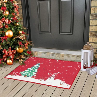 Produktbild von Weihnachts-Fu?matte 40 ¡Á 60 cm, Waschbare Tš¹rmatte mit Schneeflocken-, Weihnachtsbaum- und Schneemann-Motiv, Rutschhemmende Gummirš¹ckseite, 1900 GSM, Rot