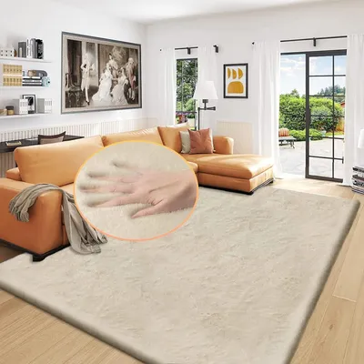 Productafbeelding van Kunstvezel vloerkleed voor de woonkamer, beige, 180x270 cm, wasbaar, pluizig, groot, zacht, rechthoekig