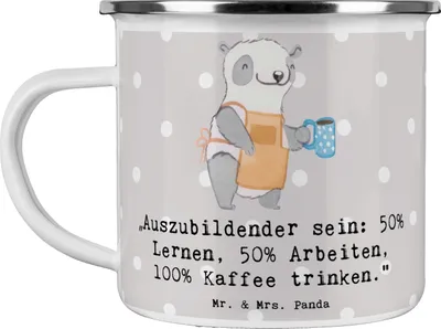 Produktbild von Mr. & Mrs. Panda Emaille Tasse Auszubildender - Grau Pastell - Geschenk, Motivtasse, handgefertigte Geschenke, Kaffeepott, Unterstützung, Teetasse, Becher, Berufsalltag