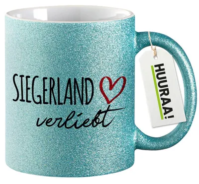 Produktbild von Huuraa Glitzertasse Siegerland verliebt 330ml Blau Keramik Kaffeebecher Geschenkidee