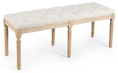 Zdjęcie produktu dla Tapicerowana ławka vintage, 120 cm, nogi z drewna kauczukowego, beżowa