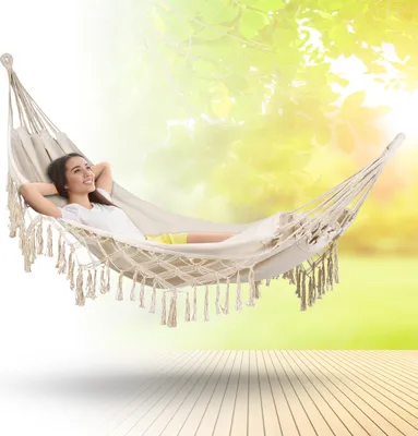 Obrázok produktu pre Outtec® Hojdacia sieť - 200x150 cm, do 200 kg - Boho bavlnená hojdacia sieť pre vonkajšie prostredie, záhradu, balkón - pre deti a dospelých - béžová