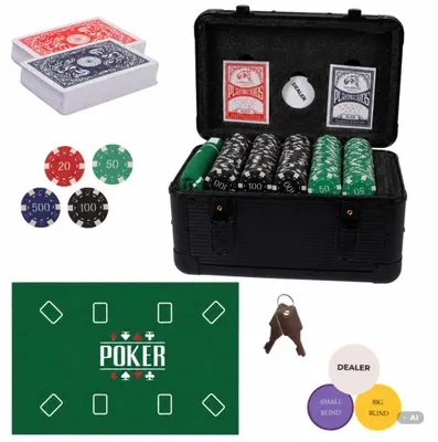 Obrázek produktu pro Pokerová sada 600 žetonů ve čtyřech nominálních hodnotách, hliníkový kufřík na poker, 2 balíčky karet, herní plachta, kufřík na pokerovou sadu