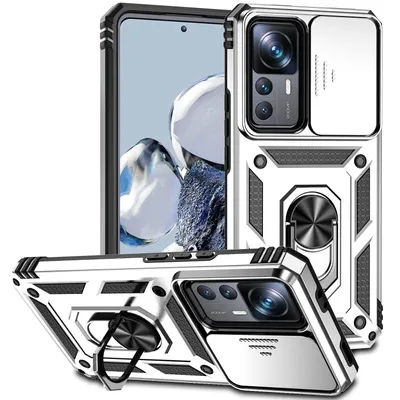 Immagine prodotto di Custodia per Xiaomi 12T / 12T Pro / Redmi K50 Ultra a doppio strato con copertura scorrevole della fotocamera e supporto ad anello Argento