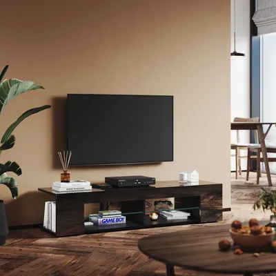 Zdjęcie produktu dla Szafka pod telewizor SONNI czarna wysoki połysk 135x39x30cm z regulowaną listwą oświetleniową LED