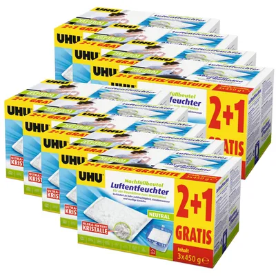 Multiple boxes of UHU air freshener refills stacked together.