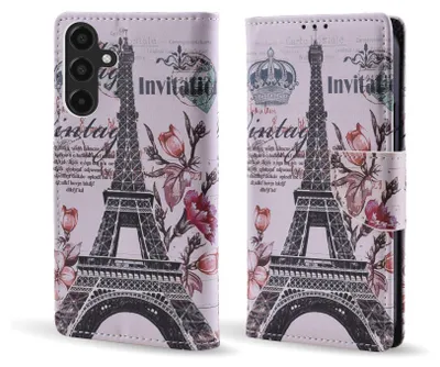 Produktbild von Handy Hülle für Samsung Galaxy A15 / A15 5G Klapphülle Bookcase Flip Cover Handy Tasche Etui Motiv: Eiffelturm Paris Blumen