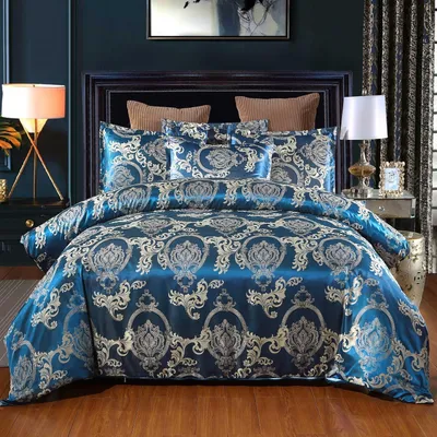 Immagine prodotto di Set di lenzuola 220x240 cm, colore blu, in raso, composto da 3 pezzi con 2 federe 80x80 cm, con ricamo in stile retrò