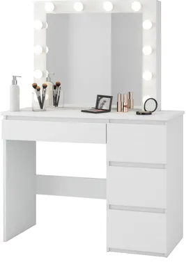 Produktbild von Moderner Schminktisch OLA4 mit Spiegel, 12× E14-Fassungen (ohne Leuchtmittel), 4 Schubladen, Hollywood-Design, 94×141×43 cm, Weiß / mehrere Farben