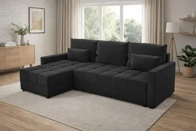 Zdjęcie produktu dla Narożnik DOMINO L z funkcją spania 120x200, pojemnik na pościel, uniwersalny L/P, Kronos 07 czarny, 226 cm