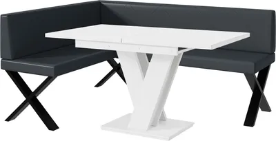 Produktbild von MEBLINI Eckbank für Esszimmer mit ausziehbarem Tisch  - Küchenbank - Essecke - Sitzecke Küche - ERIC - X-Beine 128x168x87cm Links - Dunkelgrau Kunstleder/M Weiß Matt