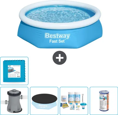 Produktbild von Bestway runder aufblasbarer Fast-Set-Schwimmpool – 244 x 61 cm – Blau – inklusive Pumpe Abdeckung - Wartungspaket - Filter - Bodenfliesen