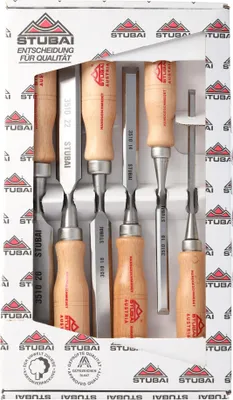 Produktbild von STUBAI Stemmeisensatz Stechbeitel Set mit Holzgriff aus Rotbuche, 6-teilig (6,10,14,18,22,26 mm), Stemmeisen zur präzisen Bearbeitung von Holz hochwertiges Werkzeug für Schreiner Tischler Heimwerker
