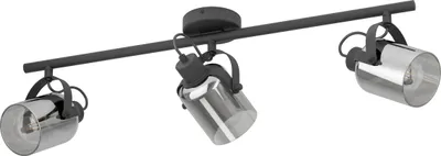Produktbild von EGLO Deckenlampe Berregas, Spotbalken 3-flammig, Deckenstrahler mit Glas-Lampenschirmen, Spot Deckenleuchte aus Metall in Schwarz und Rauchglas, E27