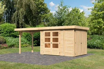 Produktbild von Karibu Gartenhaus Gerätehaus Retola 2 inkl. Anbauschrank und Anbaudach 2,80 m Breite naturbelassen 545x217x211 cm