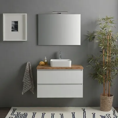 Immagine prodotto di Mobile bagno sospeso 80cm bianco lucido top rovere naturale, specchio e lampada | Benaco