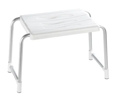 A white shower stool with silver legs on a white background.