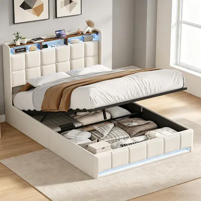 Image de INONEFT : Lits à sommier tapissés 140x190 avec éclairage LED et ports USB/C, lit avec espace de rangement hydraulique et sommier à lattes, lit double, tissu en lin, couleur beige