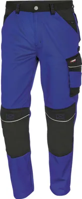 A pair of blue and black work pants.