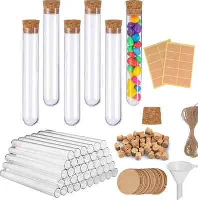 Produktbild von 30 Stück Reagenzglas mit Korken Kunststoff 18x105mm Set (62-teilig) inkl Etiketten, Schnur & Trichter Für Liquids, Bonbons, Gewürze Deko