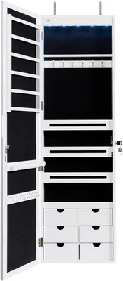 Produktbild von Schmuckschrank mit Spiegel, Spiegelschrank mit LED-Beleuchtung, Schmuckregal Abschließbar mit 6 Schubladen, Schrank Hängend für Ohrringe Ringe Halsketten, Tür- und Wandmontage, Weiß