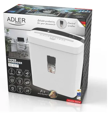 The image shows the packaging of a white Adler AD1037 paper shredder.