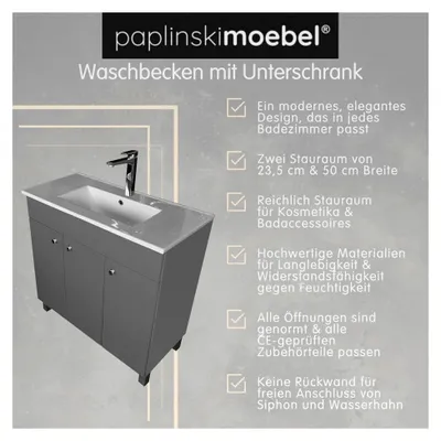 Produktbild von Waschbecken mit Unterschrank 80 cm Breite | Badezimmerschrank IGA | Badmöbel Set für Badezimmer und Gäste-WC | Stehender Waschtisch mit Unterschrank | Waschbeckenunterschrank Grau