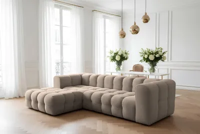 Produktbild von Ecksofa Designersofa SOLVIE in Stoff Tiffani Taupe Ottomane Links