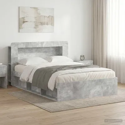 Image de Lit de luxe avec rangement, coloris gris béton, dimensions 140 x 190 cm, fabriqué en panneaux de particules