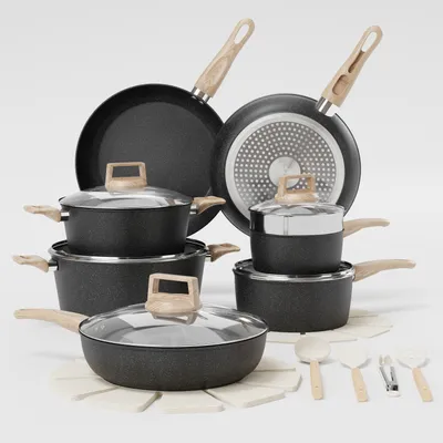 Image de Batterie de cuisine 21 pièces antiadhésive granit, poêles et casseroles