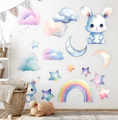 Produktbild von Niedliche Himmelhasen– Wandgestaltung – Wandbilder Kinder – Motivtapeten Set – Wanddekor Kinderzimmer – Selbstklebende Wandsticker – 60x80 cm