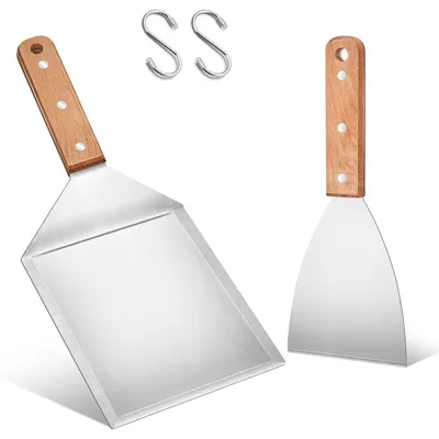 Produktbild von Grillspachtel Set 2 Stück Edelstahl Plancha Spachtel & Grillwender für Burger Teppanyaki BBQ Zubehör Holzgriff Spülmaschinenfest