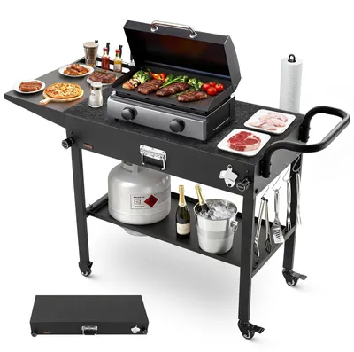 Image de VEVOR Chariot de barbecue d'extérieur 787 x 432 mm (dimensions du plateau), table de barbecue pliable avec porte-serviettes, crochets, roulettes et tablette latérale, table de préparation pour barbecue, chariot de service pour pique-nique, cuisine, jardin