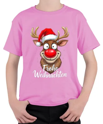 Produktbild von Frohe Weihnachten Lustiges Rentier Rudolf Weihnachtsmütze Cartoon Kinder T-Shirt, Pink, 140
