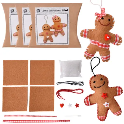 A collage of a DIY craft kit for making gingerbread man ornaments, showing the packaging, components, and finished products.
